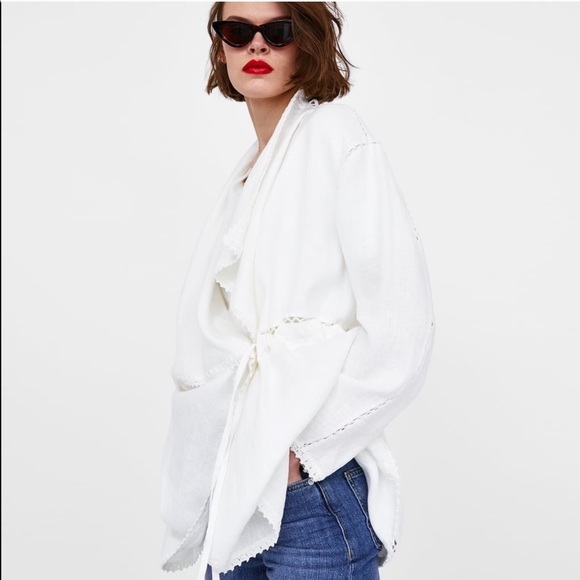 Zara Linen Crochet White Coat - Picture 3 of 8